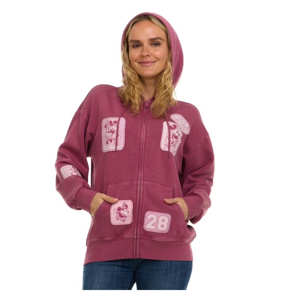 NEW NWT Pinkish Red Sz XS Multi-Patch MICKEY & MINNIE MOUSE Hooded Jacket DISNEY - Picture 2 of 8